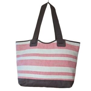 Thirty-One Euro Straw And Canvas Pink and Cream Striped Tote With Brown Contrast